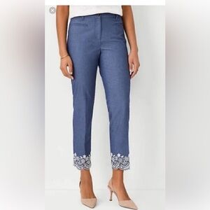 Ann Taylor  Blue Cropped Pants with White Embroidery